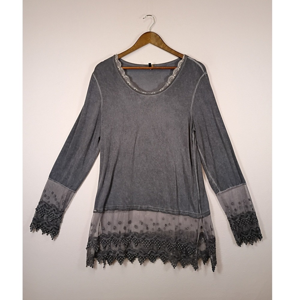 Boho Romantic Unbranded Womens Medium Gray Lace Mesh Trim Tunic Top